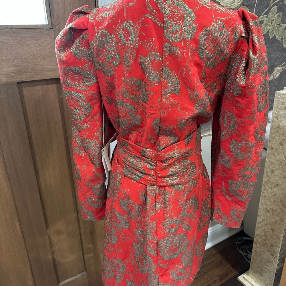 Happy x Nature Red & Gold Brocade Wrap Dress Size 8 Puff Sleeve Holiday - Picture 6 of 11